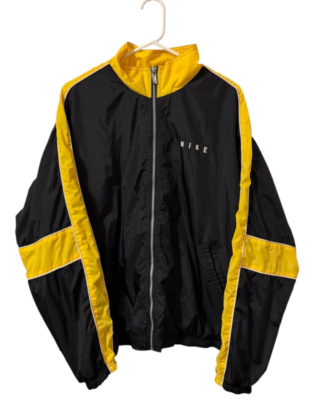 VTG 90s Nike Spellout Windbreaker Jacket Black Yellow Mens L Track Swoosh Back⭐️
